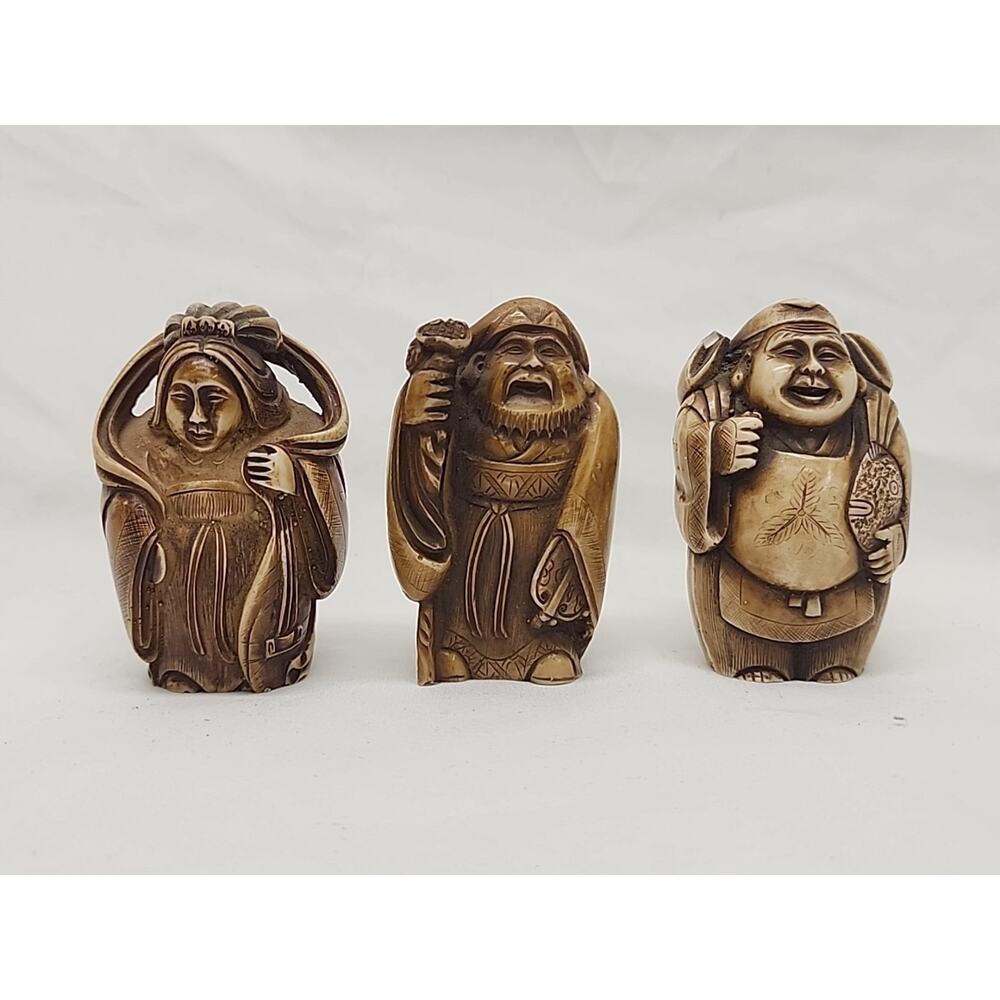 3 Netsuke Japanese 3" figurines, Hard Resin Vintage 1950s 1960s RARE